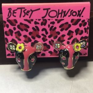 Betsey Johnson Pink & black cow with yellow flower & crystal detailed earrings.